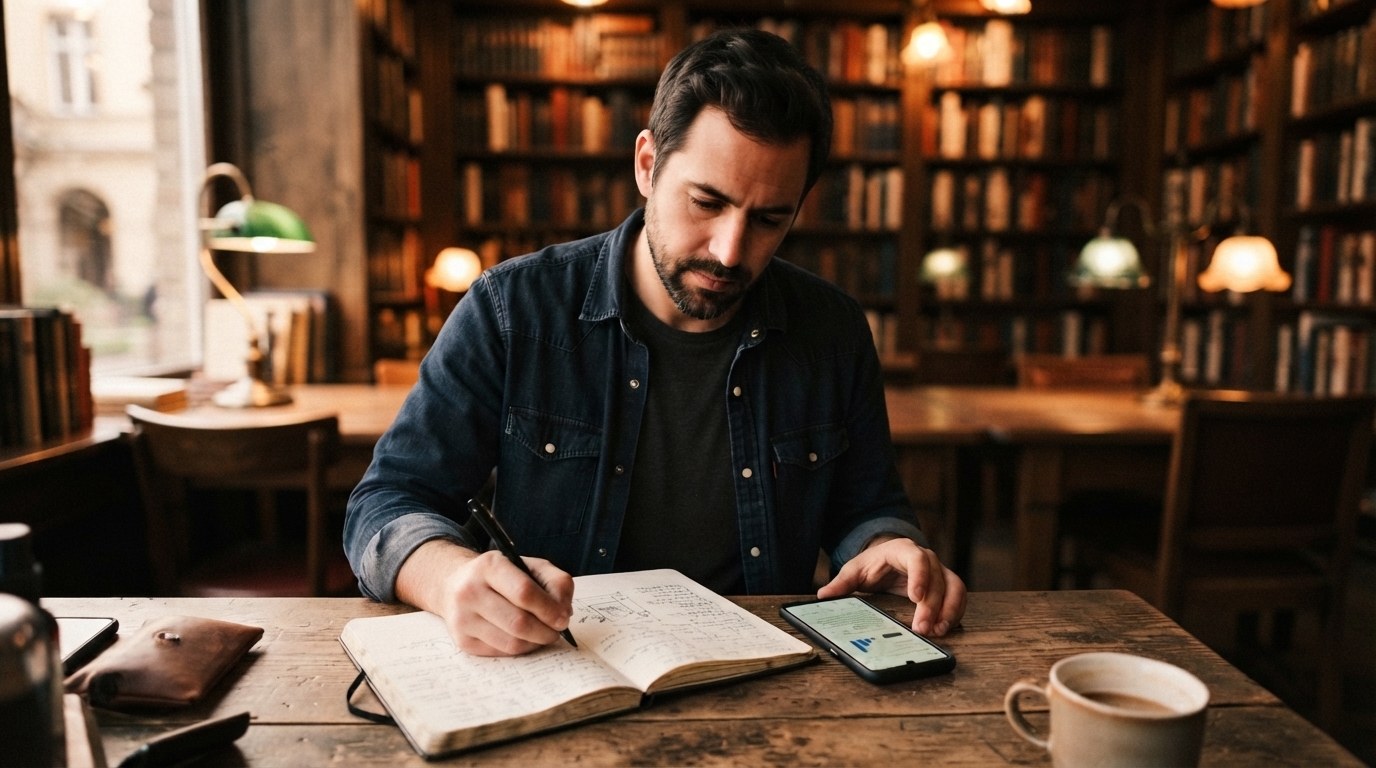 Homem escrevendo em um caderno, ao lado de um celular, em uma mesa de madeira