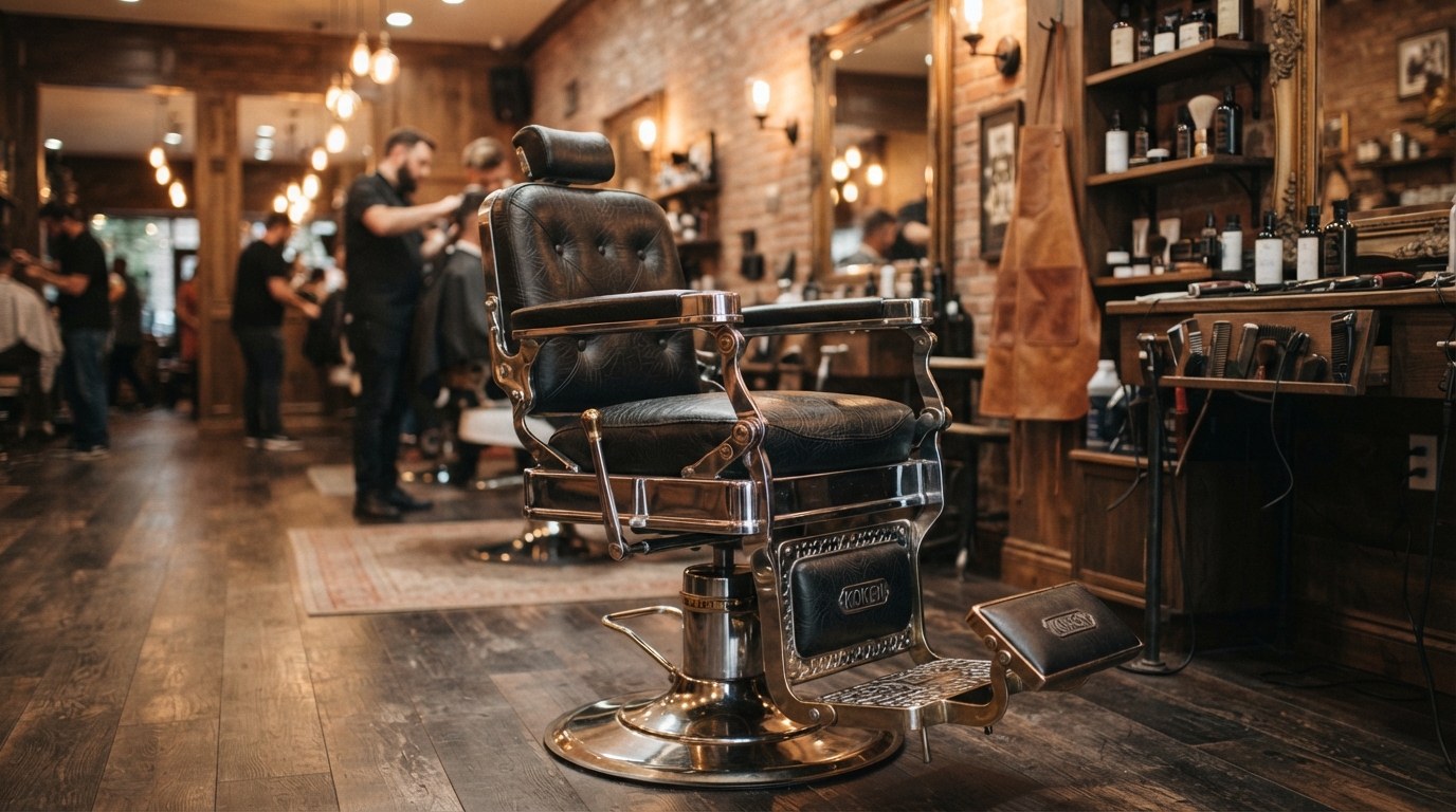 Cadeira de barbeiro de couro e metal em uma barbearia clássica, com barbeiros atendendo ao fundo