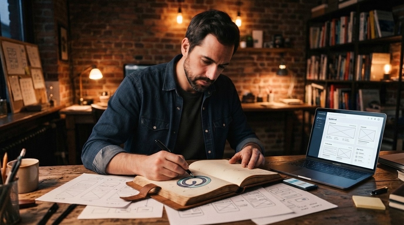 Homem desenhando esboços das telas de um aplicativo em um caderno, com um notebook ao lado