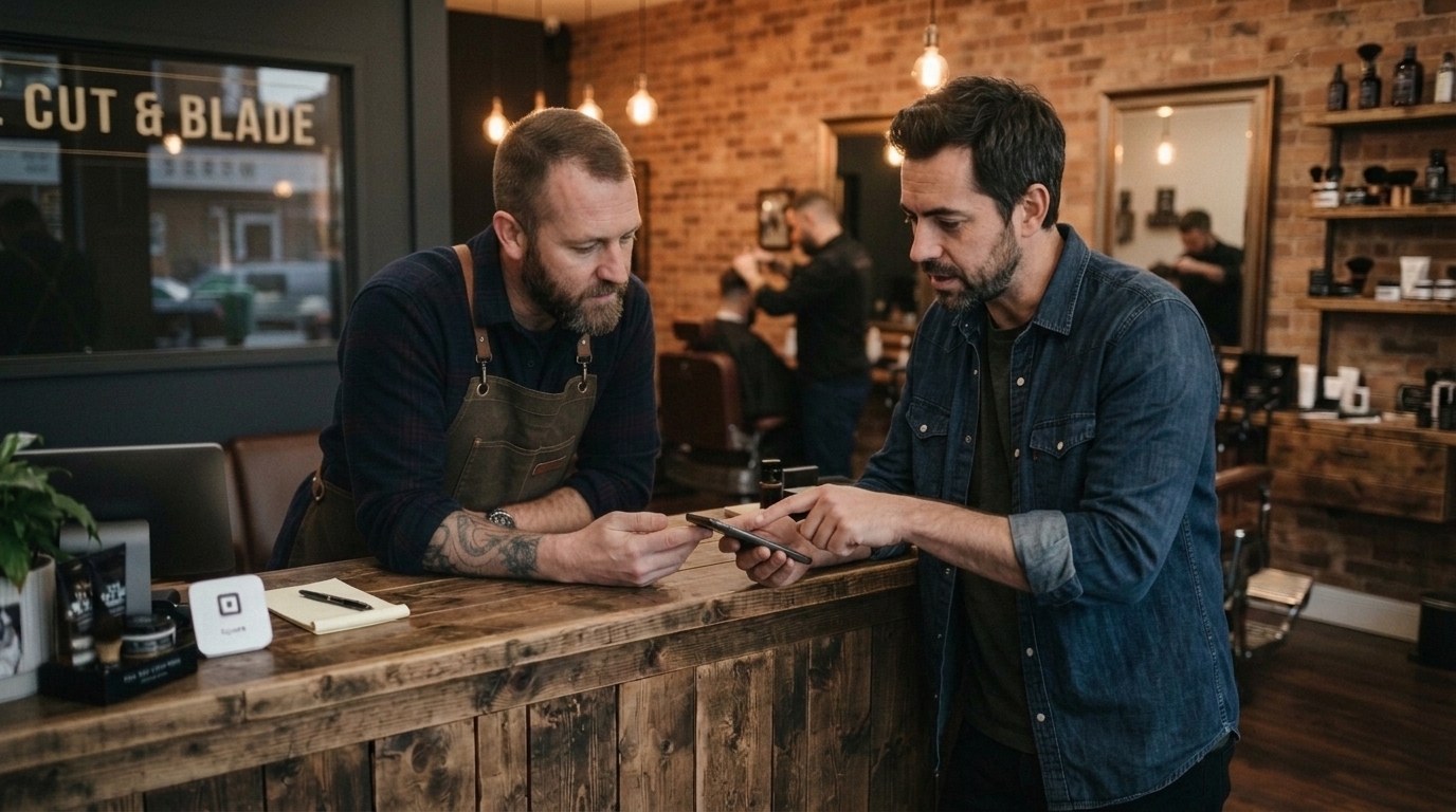 Cliente e barbeiro conversando durante o atendimento em uma barbearia