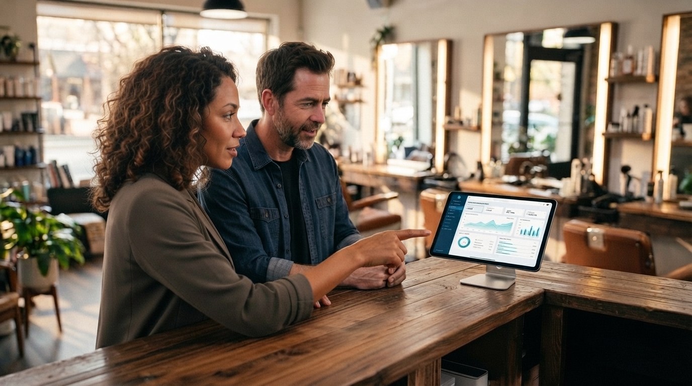 Uma profissional e um homem olhando juntos um painel do sistema em um tablet, em um salão