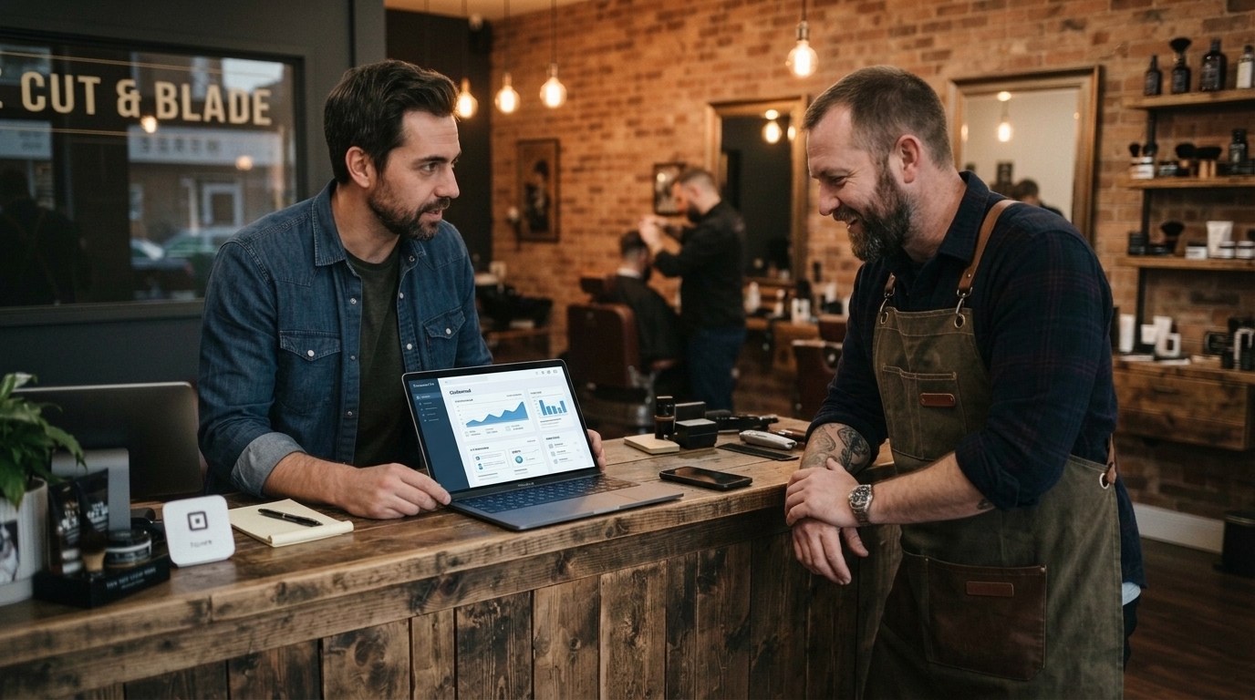 Dois homens sorrindo no balcão de uma barbearia, olhando um painel do sistema no notebook
