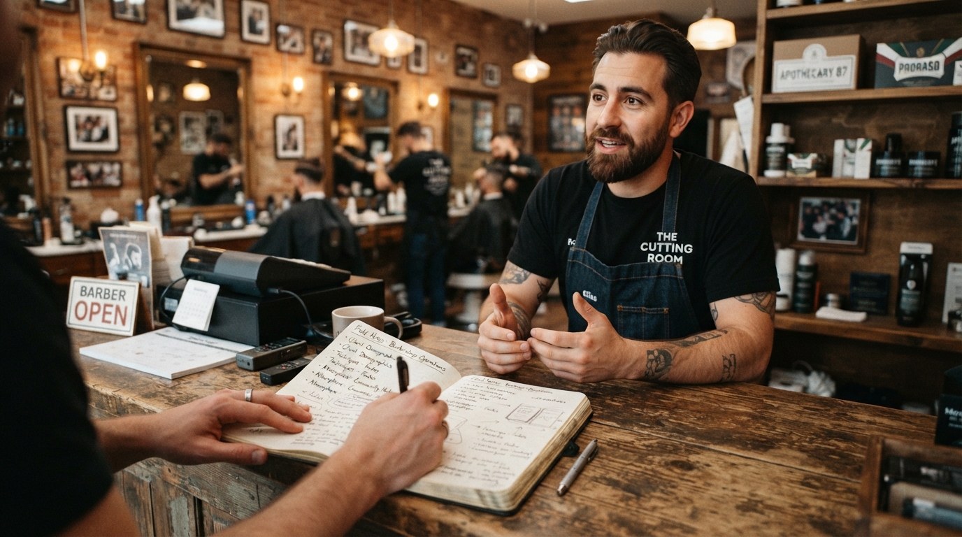 Pessoa anotando em um caderno enquanto conversa com um barbeiro no balcão de uma barbearia